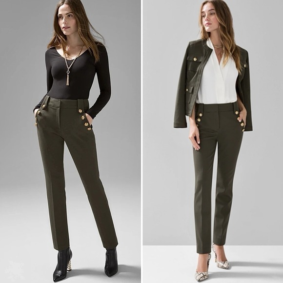 White House Black Market Pants - WHBM Jolie Straight Luxe Stretch Pants Size 8 Olive Green Gold Button Sailor